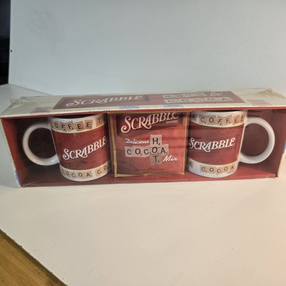 Scrabble Game Tiles Coffee Mug Cocoa lot of 2 Gift Set Hasbro 2003 New Sealed